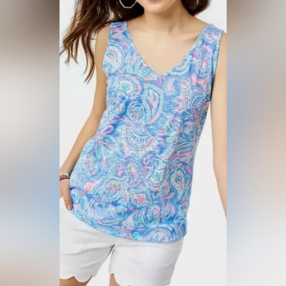 Lilly Pulitzer GIGI TANK‎ TOP Zanzibar Blue Fish Kiss Pink Sz SMALL